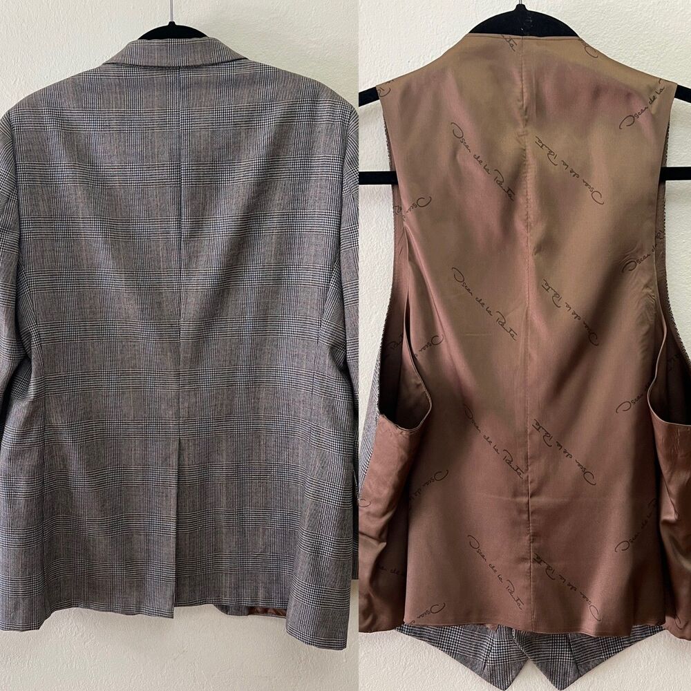 Vintage 80s Oscar de la Renta Men's 40R/Med 2-Piece Glen Plaid Vest & Blazer - Picture 2 of 16